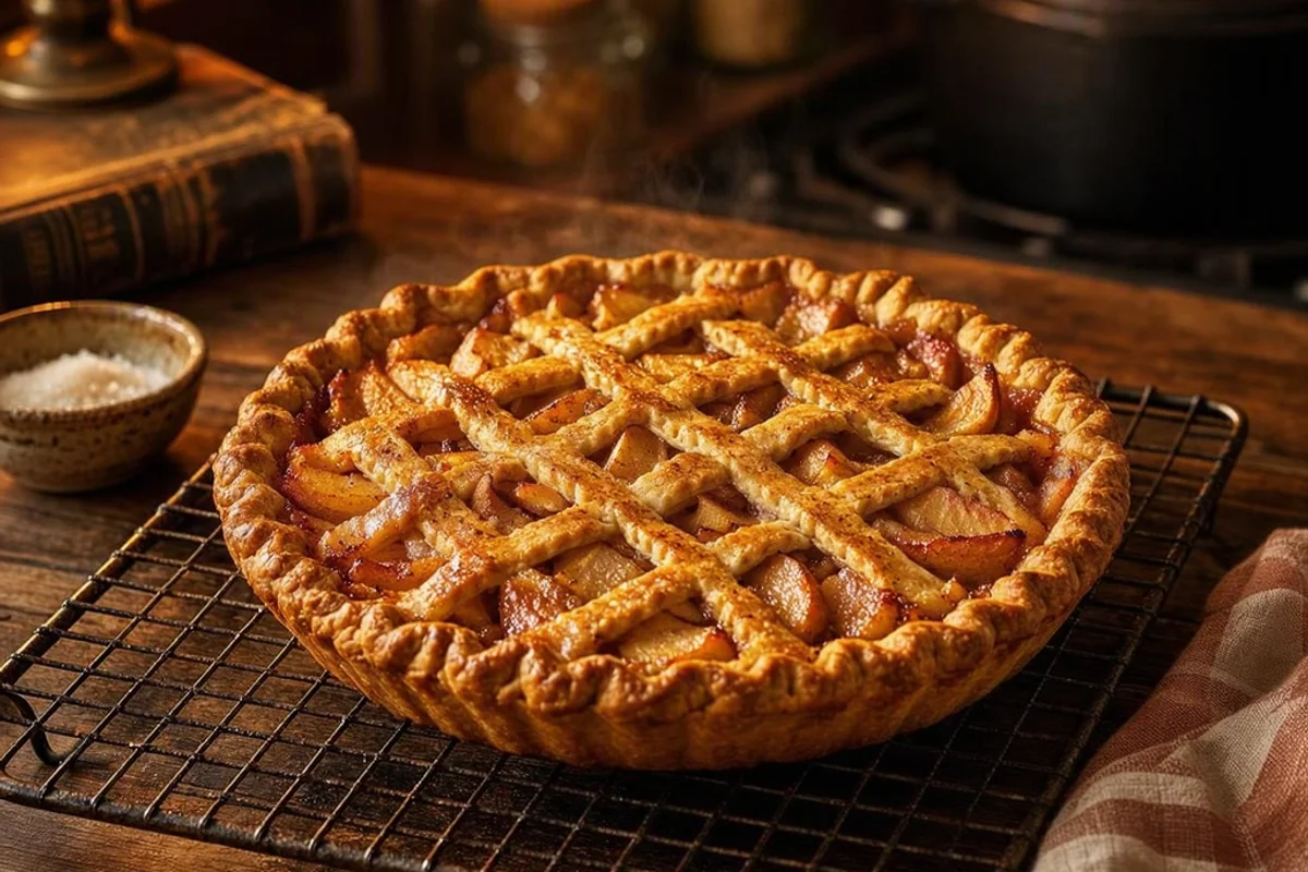 Freshly baked apple pie on a cooling rack.
