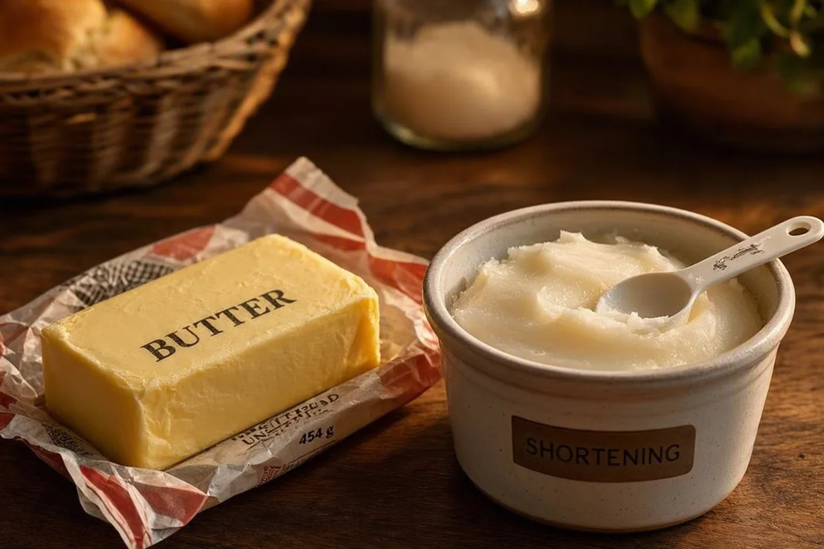 Butter and shortening side by side on a counter.
