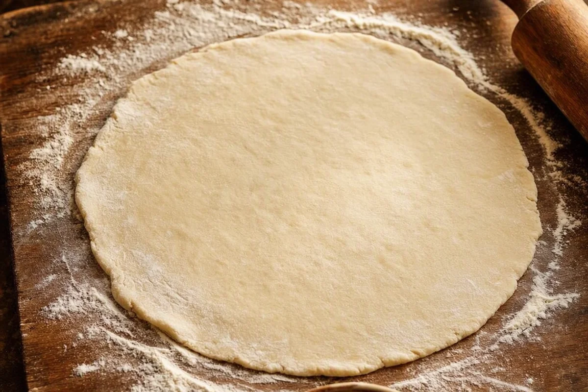 Pie crust dough being rolled out on a floured surface.