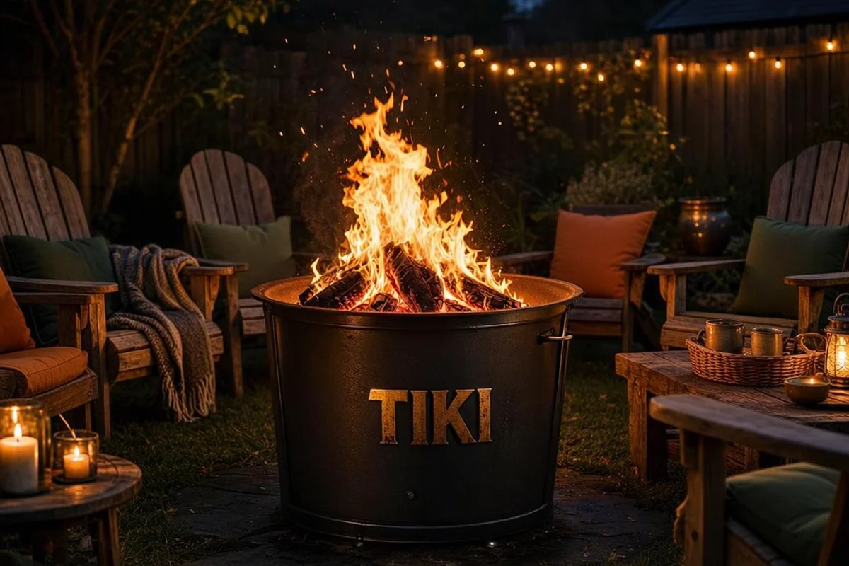 TIKI Brand Fire Pit with a roaring fire