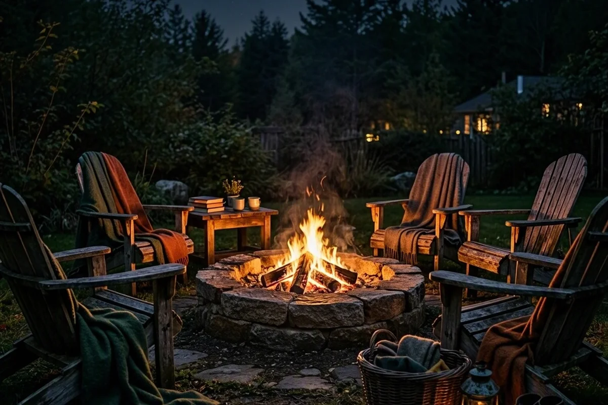Family gathered around a fire pit with cozy blankets