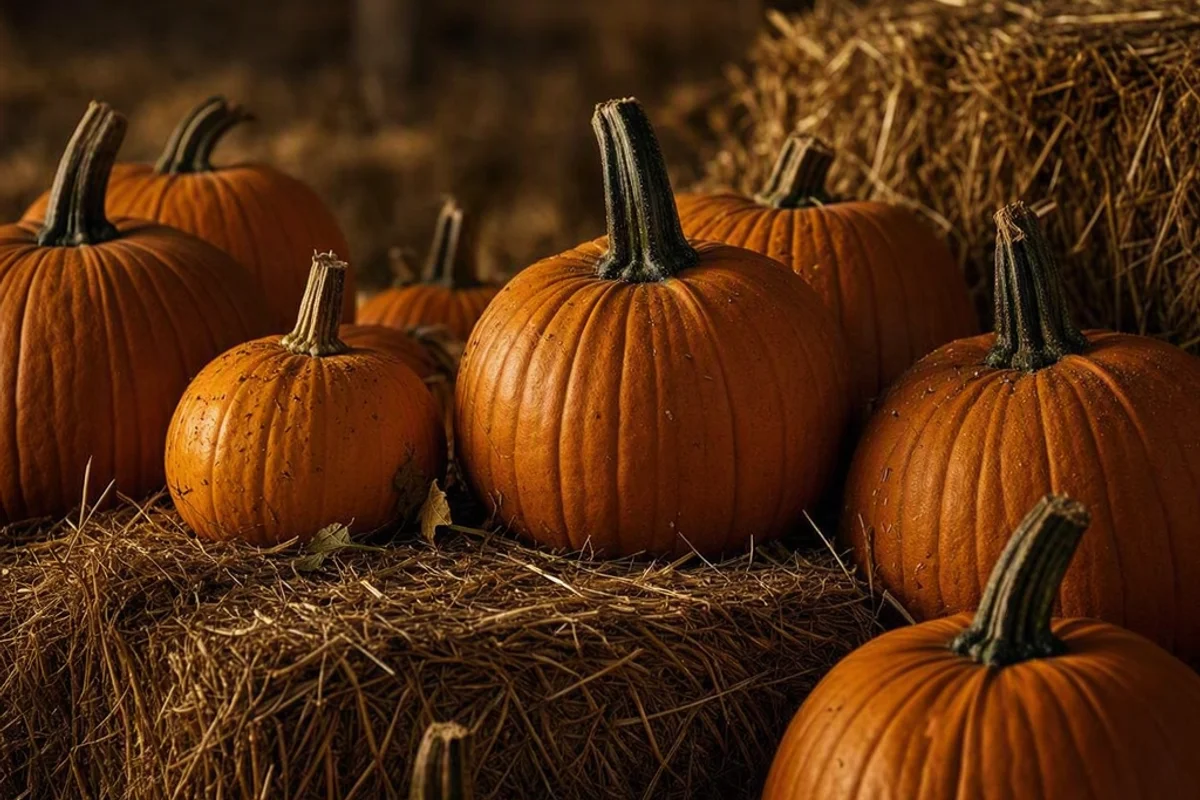 Close-up of pumpkins arranged on hay bales.