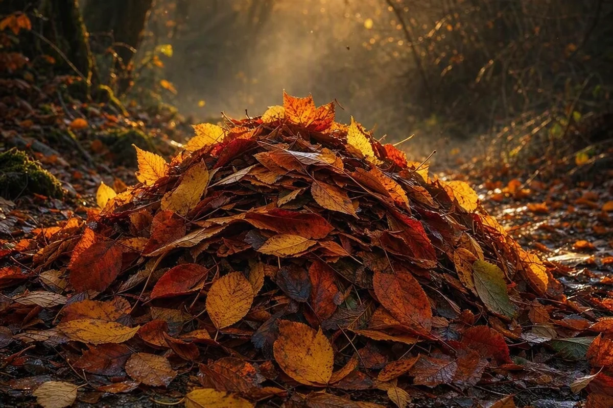 Leaf pile with scattered colorful leaves.