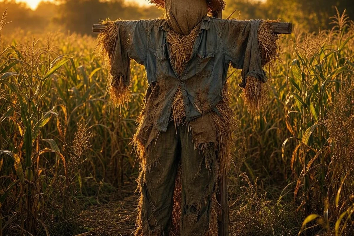 Scarecrow setup with clothes and hay.