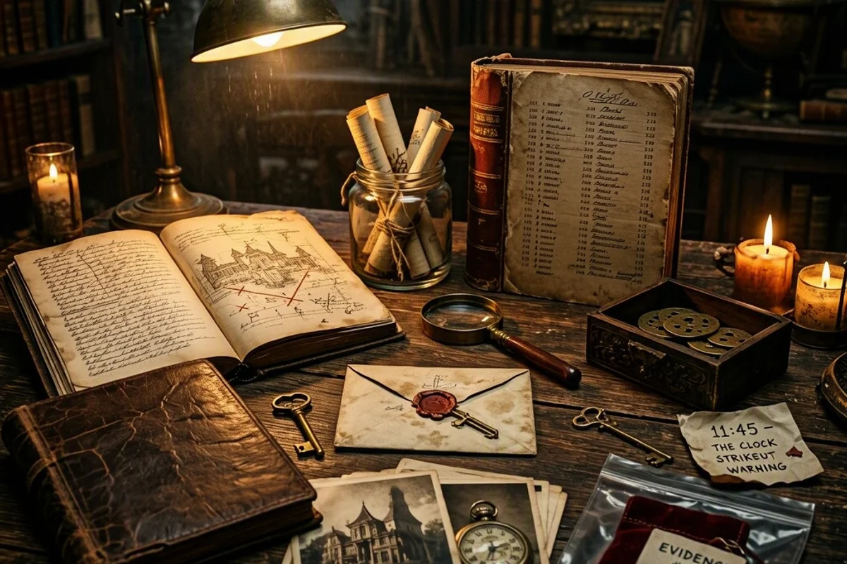Clues arranged on a table for a mystery-themed escape room.
