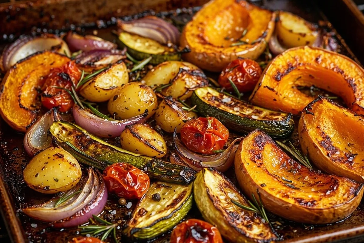 Close-up of roasted vegetables on a sheet pan.