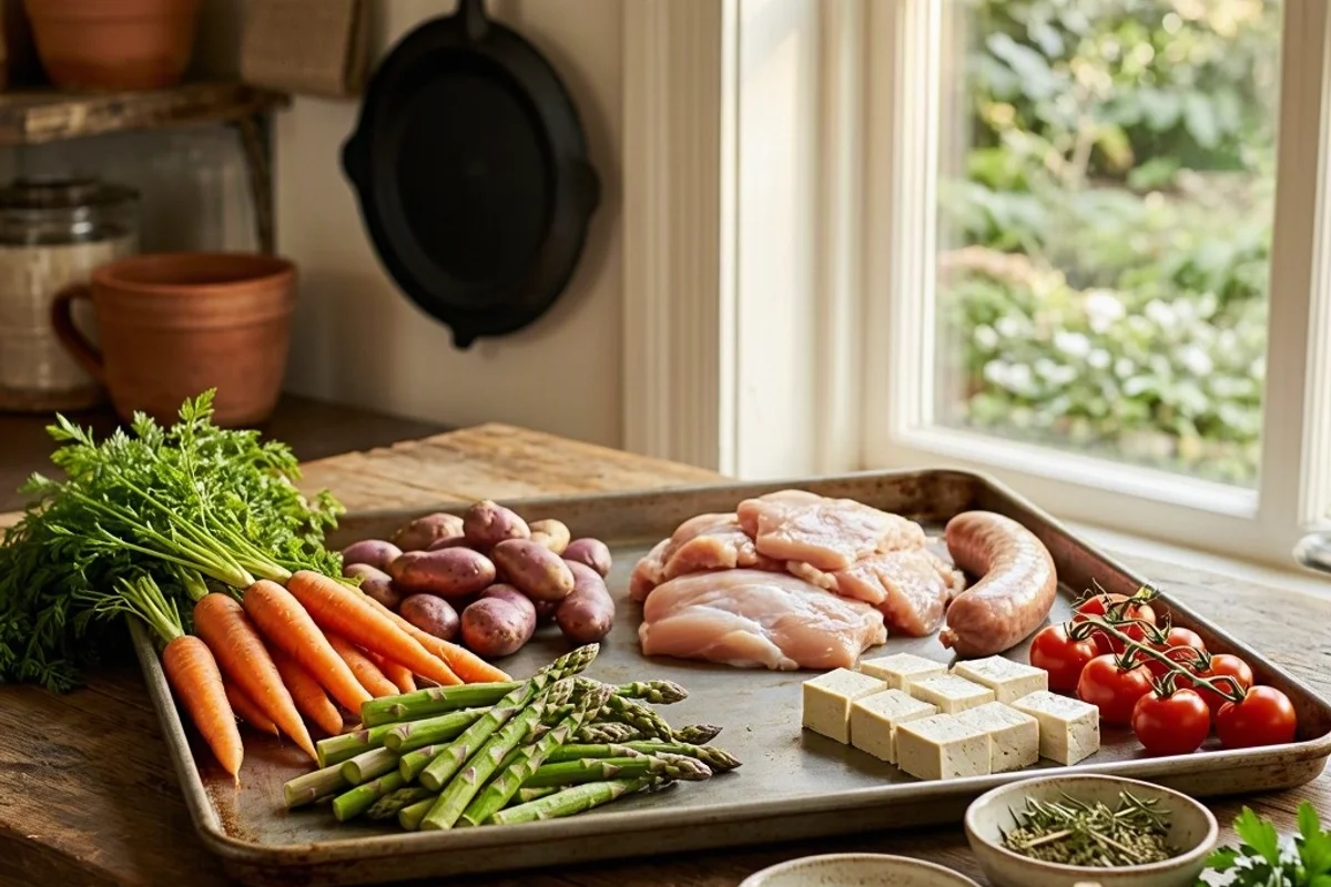 Ingredients being prepared for a sheet pan dinner.