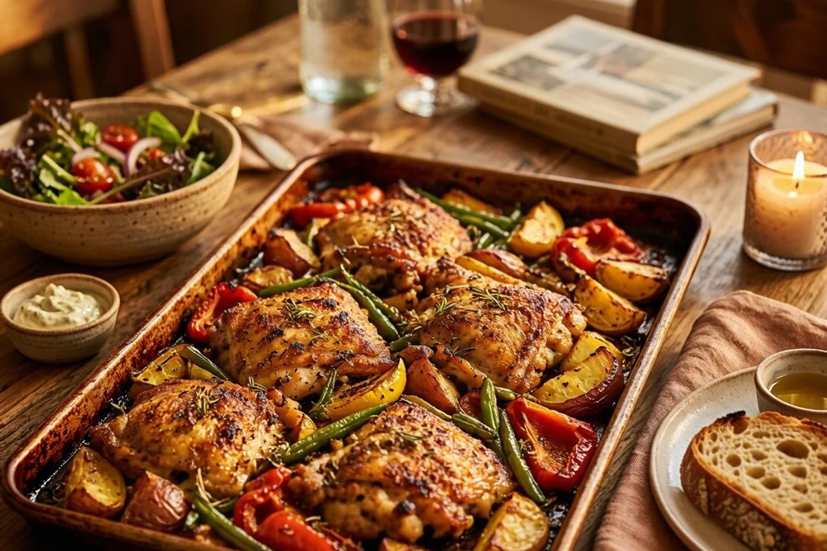 A finished sheet pan dinner served on a table.