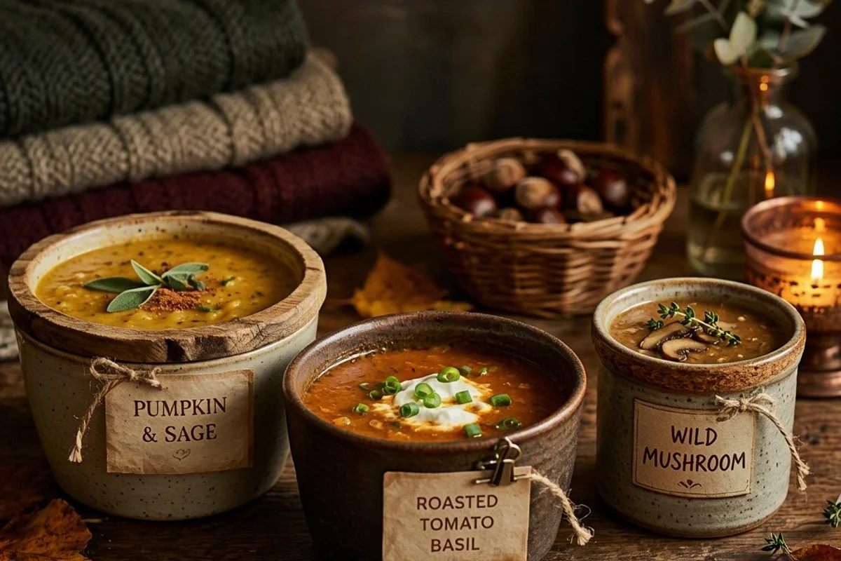 A table filled with labeled containers of soup ready for swapping.