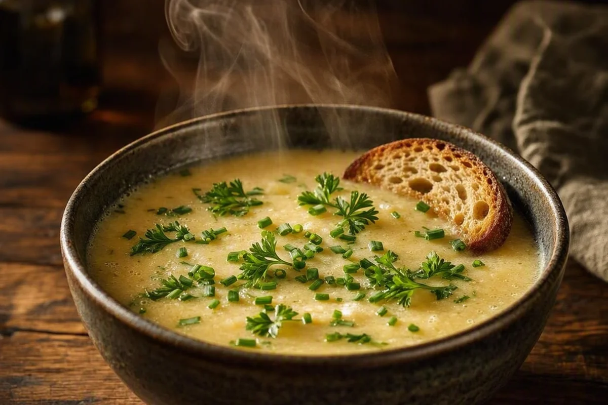 A close-up of a steaming bowl of potato leek soup.