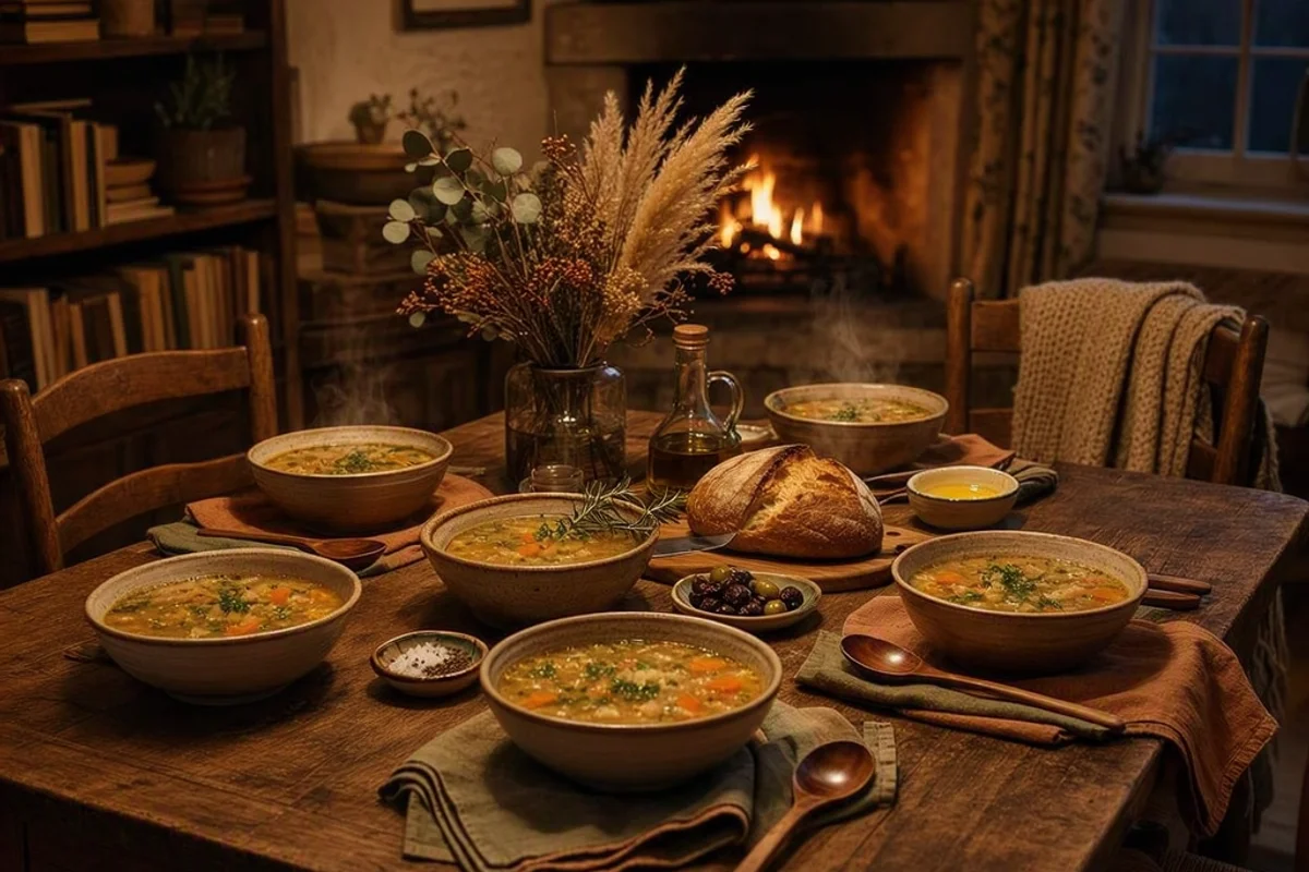 A group of neighbors enjoying soup and conversation during a soup swap event.