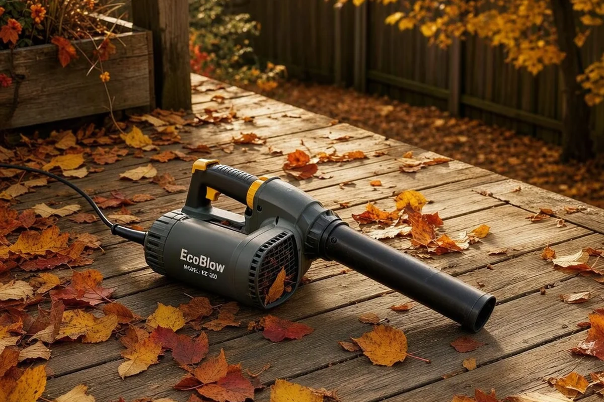Electric leaf blower placed on a wooden deck.