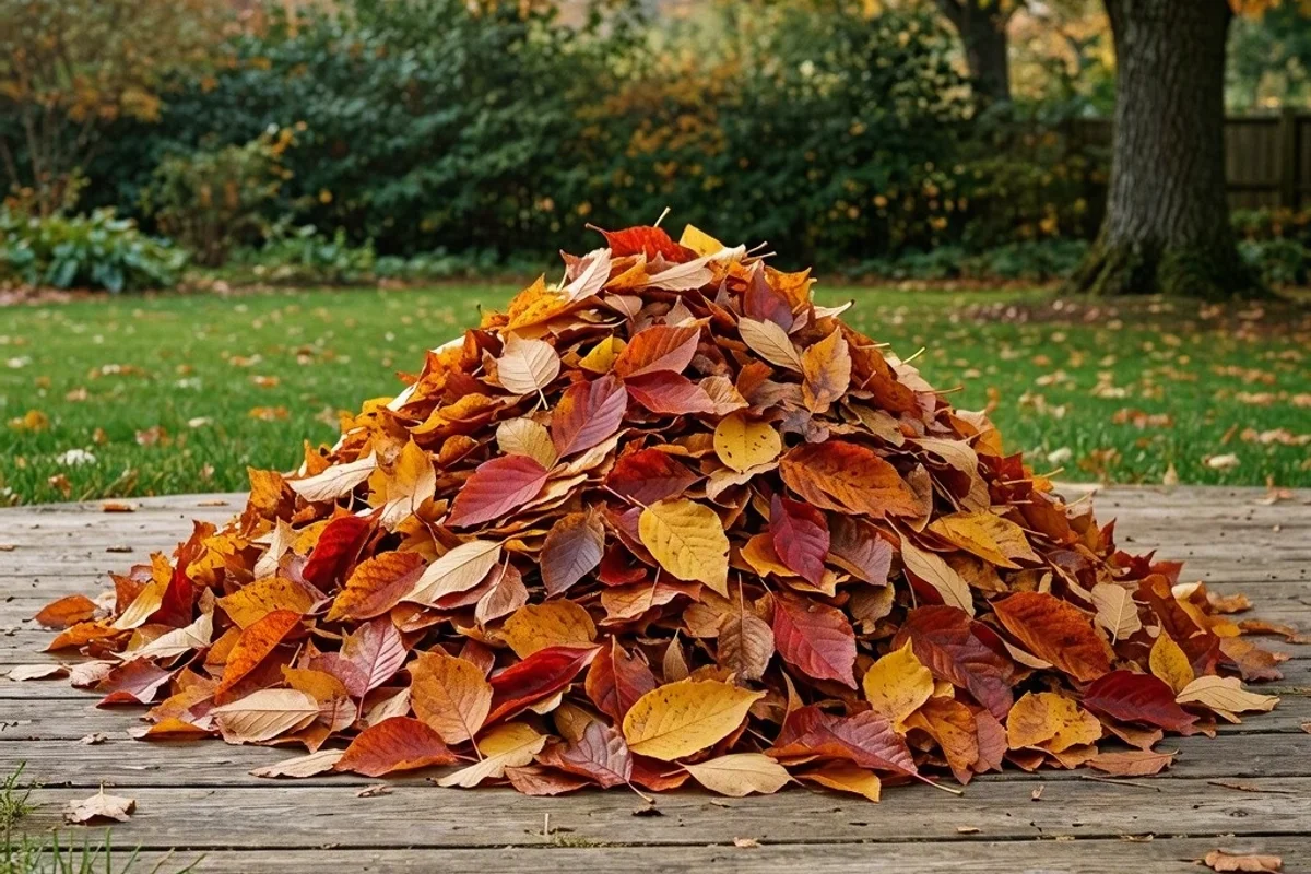 A pile of colorful autumn leaves collected in a yard.