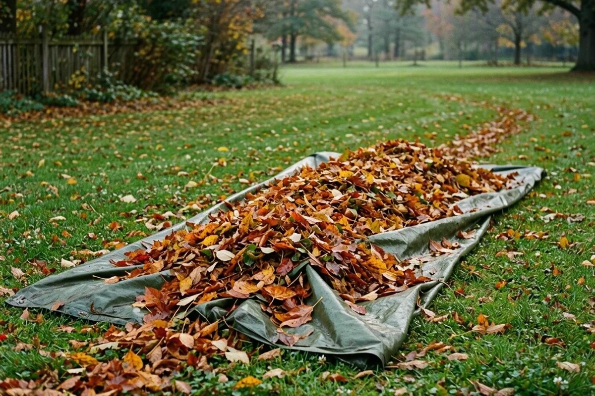 A tarp loaded with leaves being dragged across a lawn.