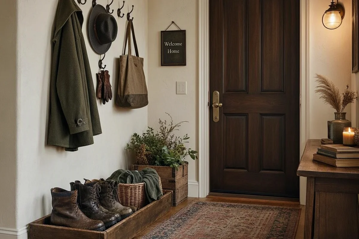 Boot tray and hooks staged beside the front door