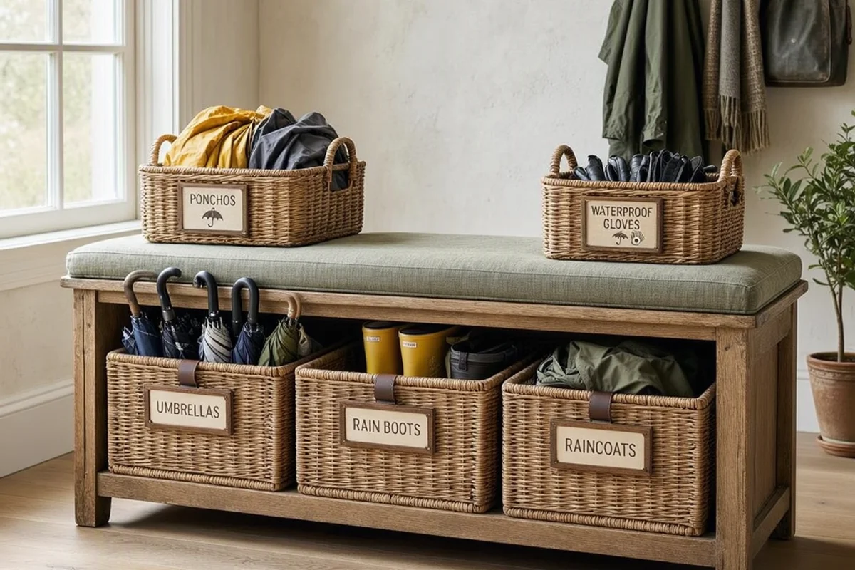Storage bench with labeled baskets for rainy-season gear