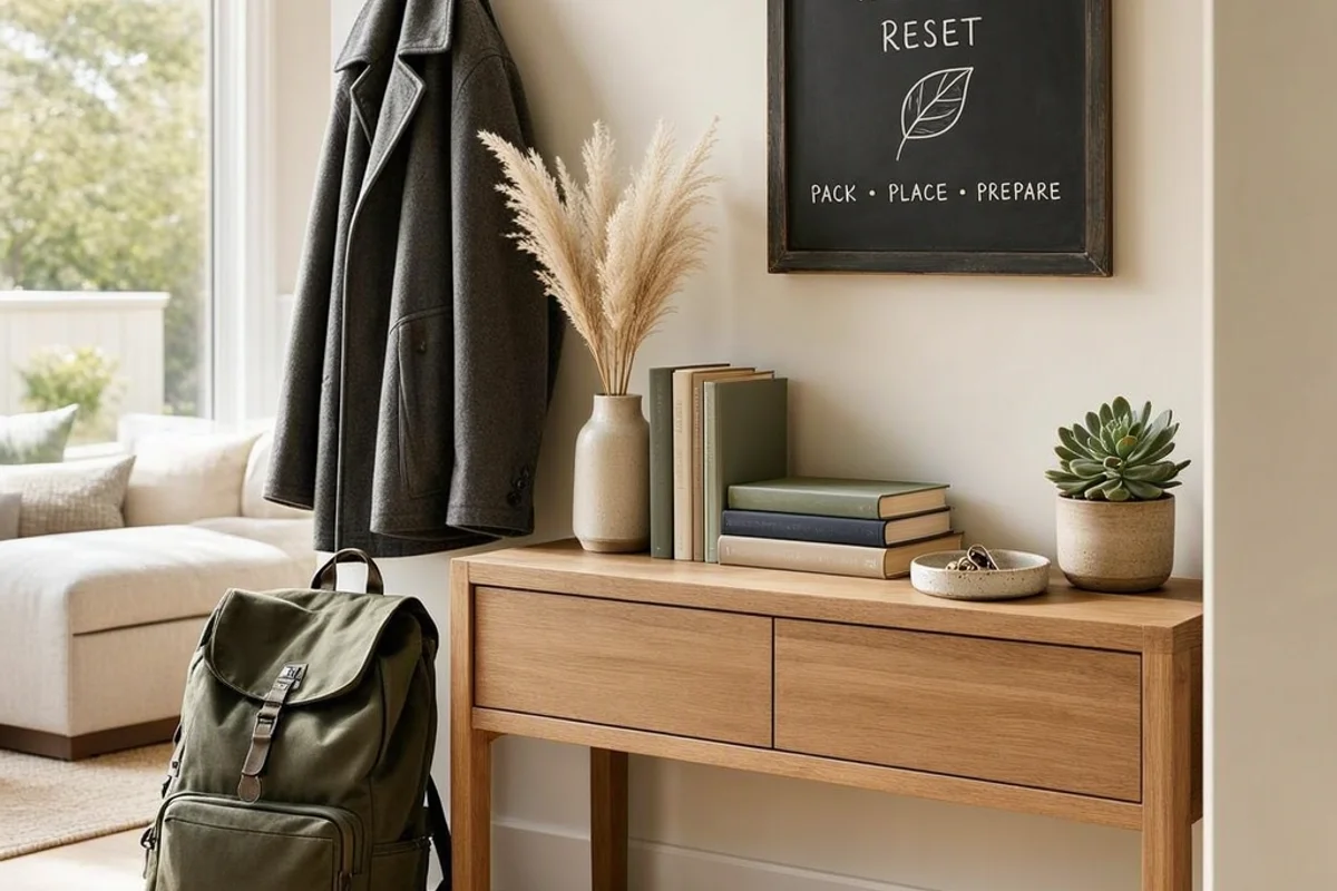 Backpack and jacket drop zone organized for a weekday reset