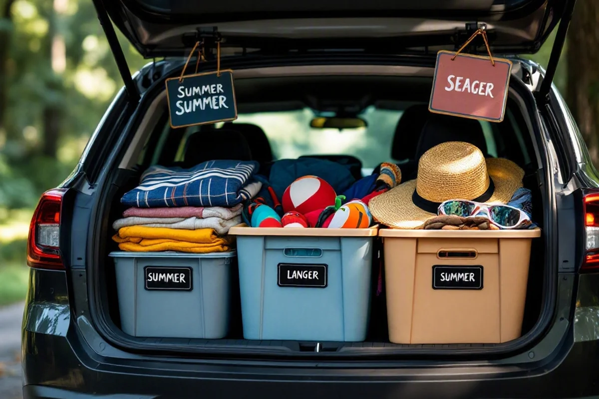 Organized car trunk with labeled bins and summer gear.