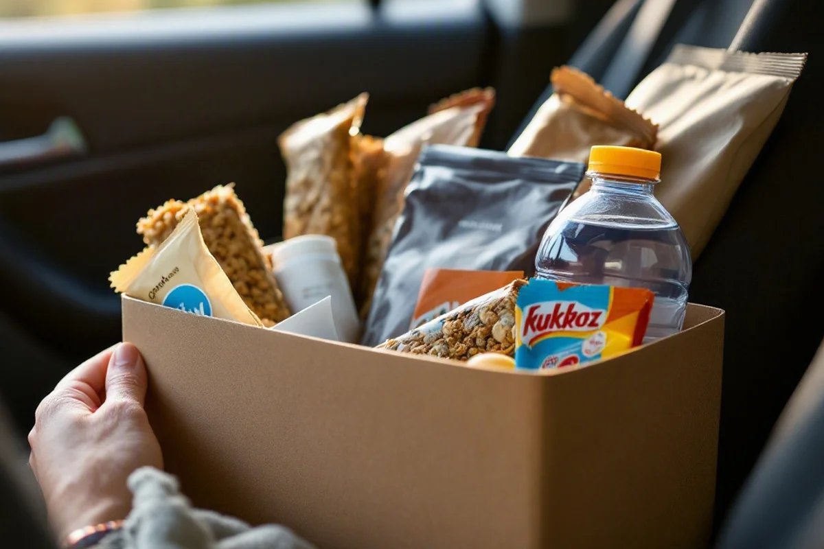 Snack box with granola bars and hydration essentials in the car.