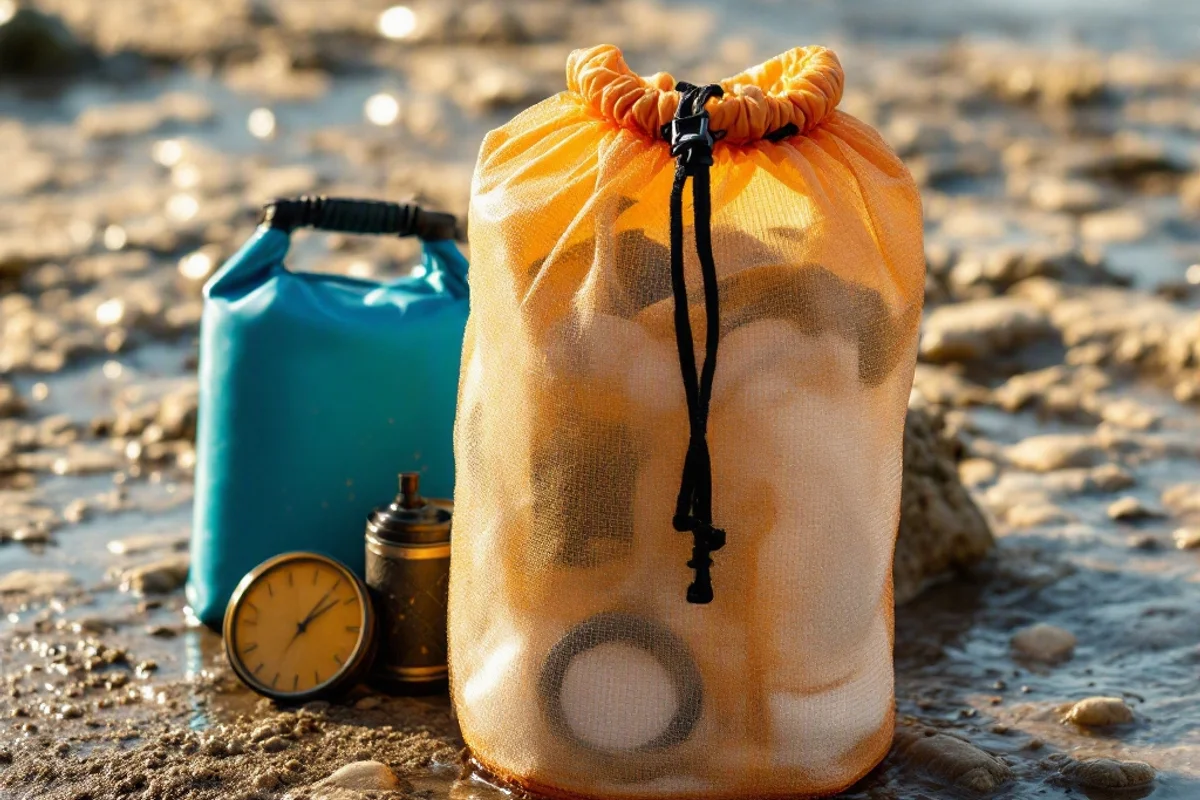 Waterproof gear bag and mesh bag for wet and sandy items.