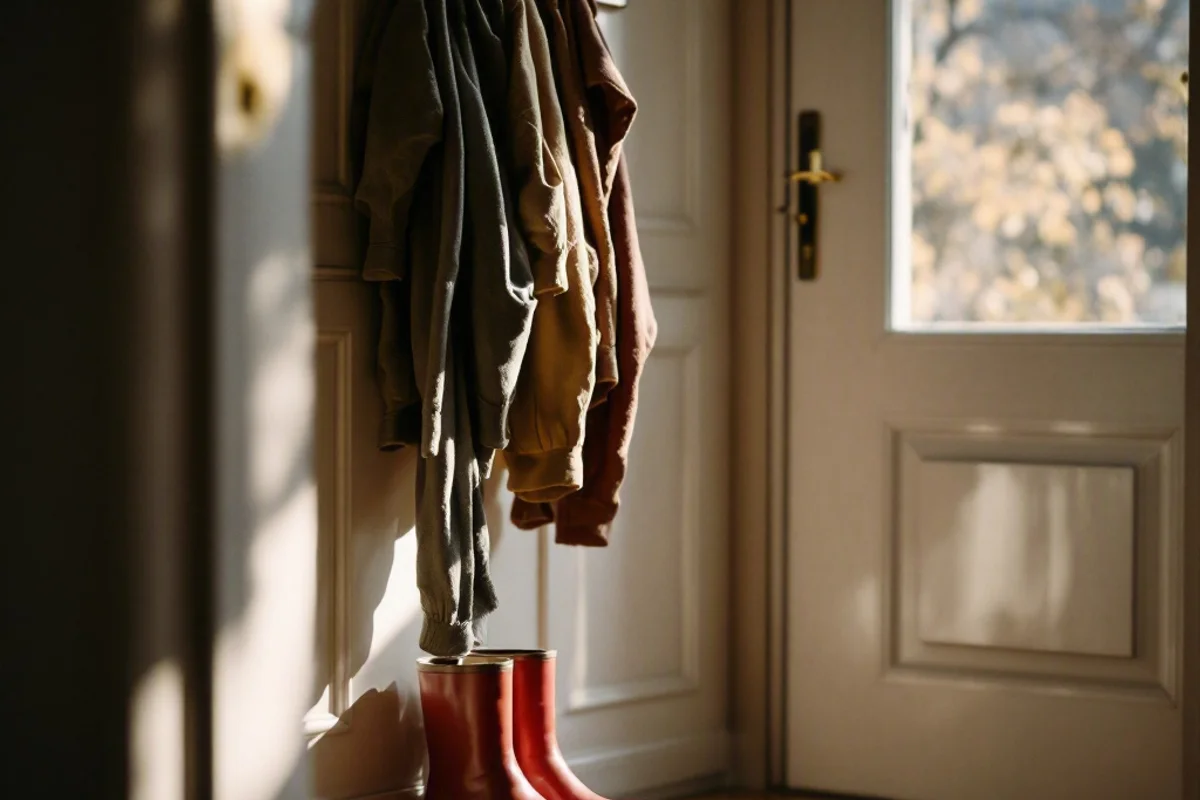 Boot tray and hooks staged beside the front door