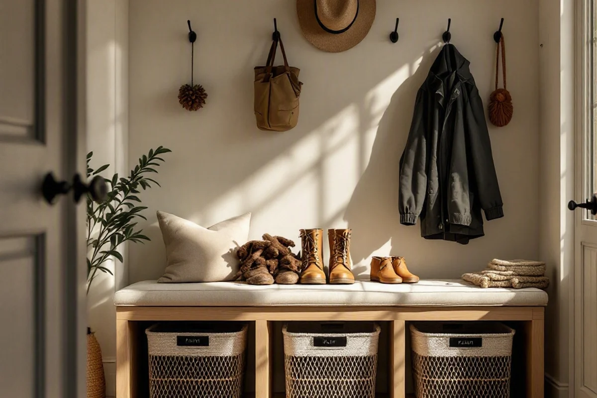 Storage bench with labeled baskets for rainy-season gear