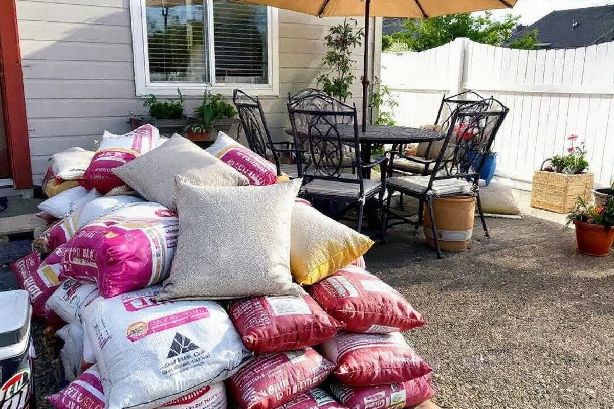 Sandbags used to stabilize patio furniture on a sunny day.