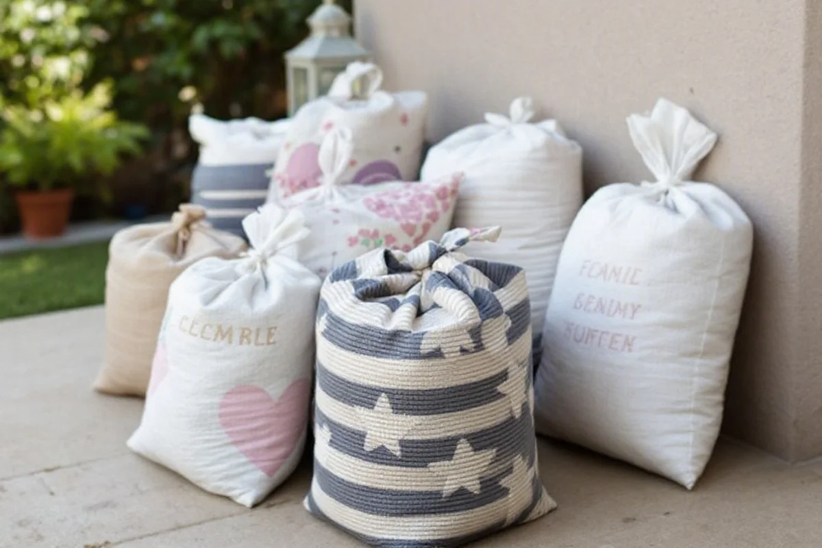 Decorated sandbags used as weights on a family patio.