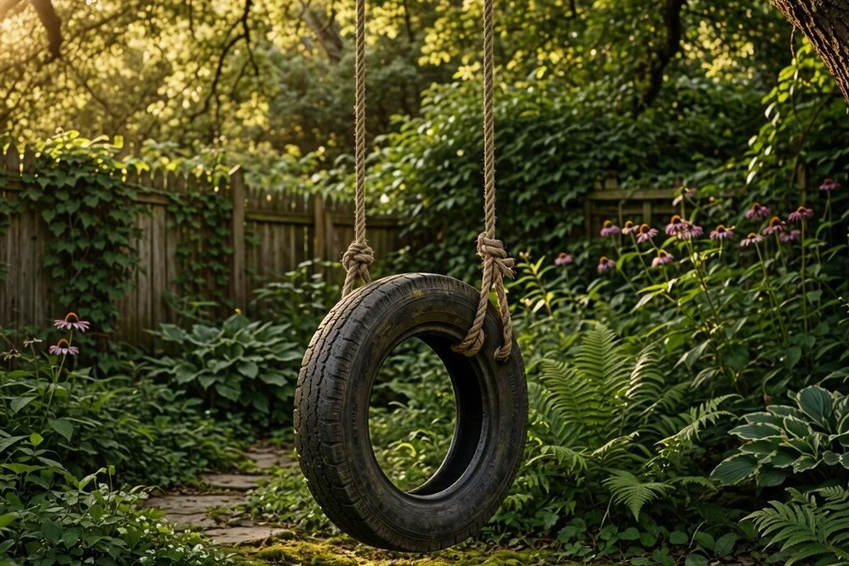 A sturdy tire swing hanging from a tree in a lush backyard.