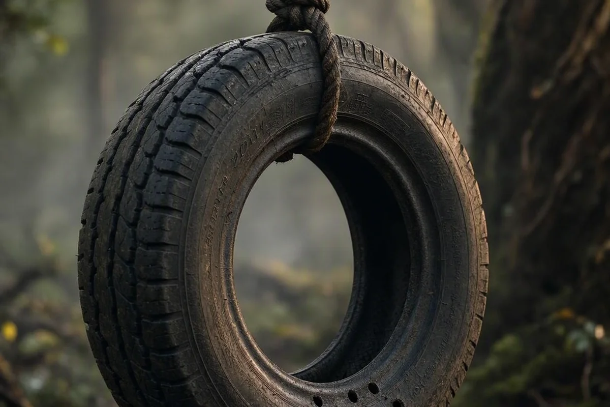 Close-up of a tire swing with drainage holes drilled into the bottom.