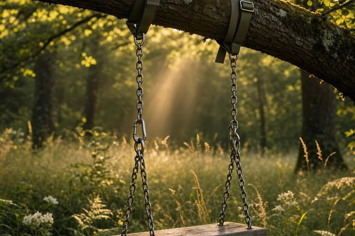 A tree swing hanging kit with straps and hardware, attached to a tree branch.