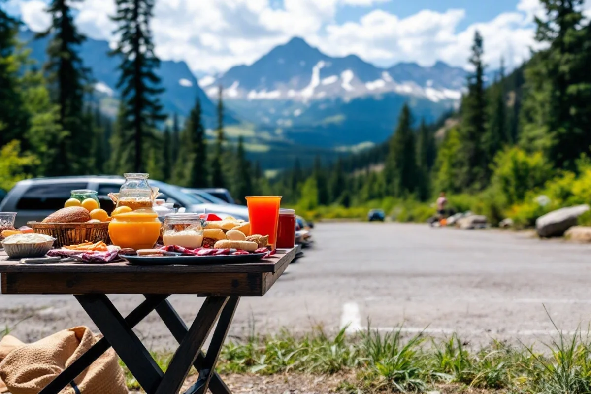 A folding table with picnic food set up in a trailhead parking lot.