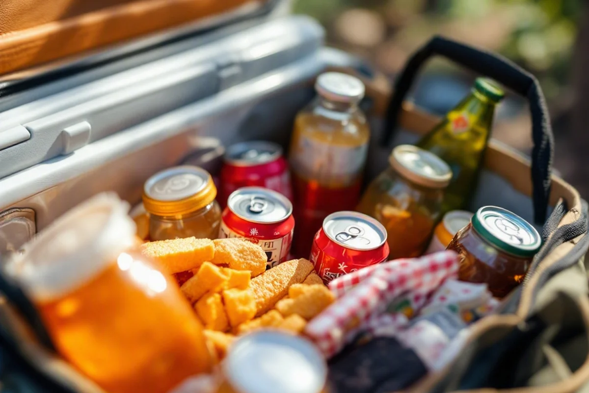 A cooler filled with drinks and snacks ready for a picnic.