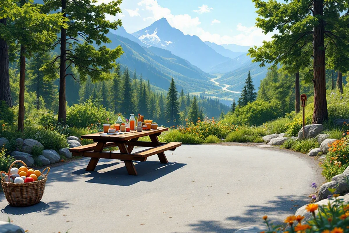 A family sitting at a picnic table, enjoying snacks and games after a hike.