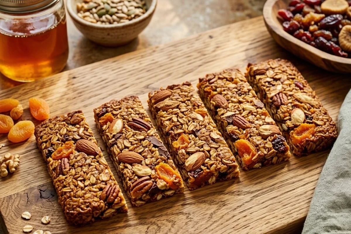 Homemade granola bars with nuts and dried fruits neatly arranged on a wooden board.