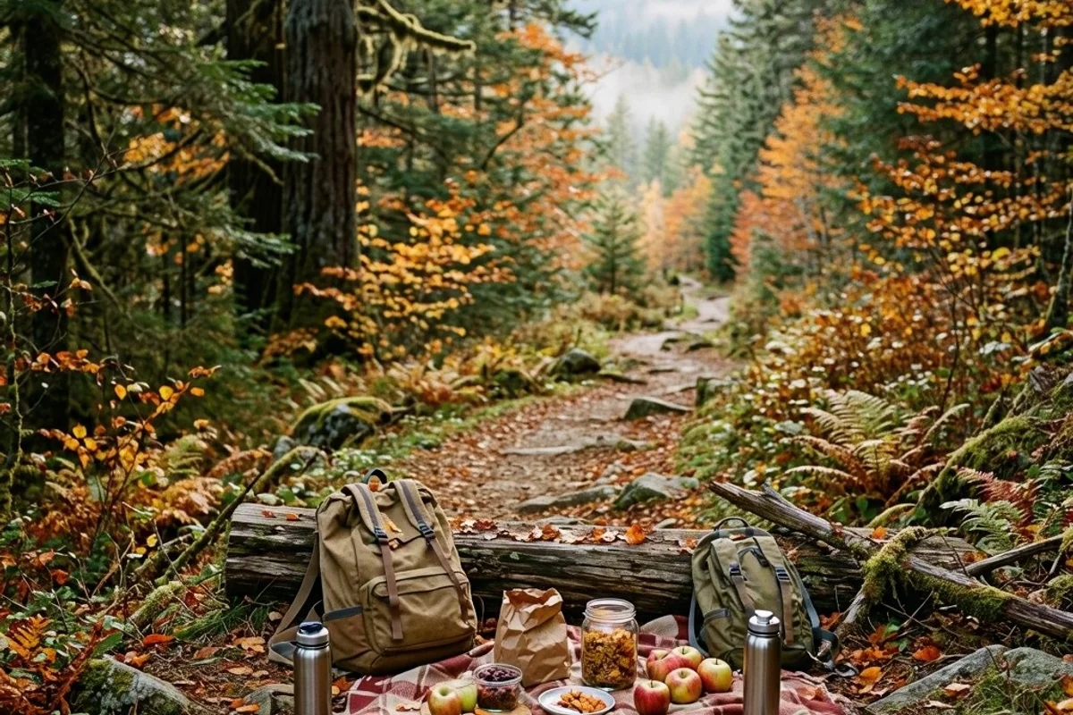 A family enjoying a snack break on a scenic Pacific Northwest trail, surrounded by fall colors.