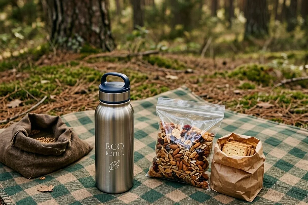 A reusable water bottle and snacks laid out on a picnic blanket in the woods.