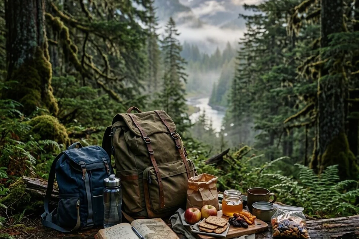 Family sharing snacks mid-trail with a scenic backdrop.