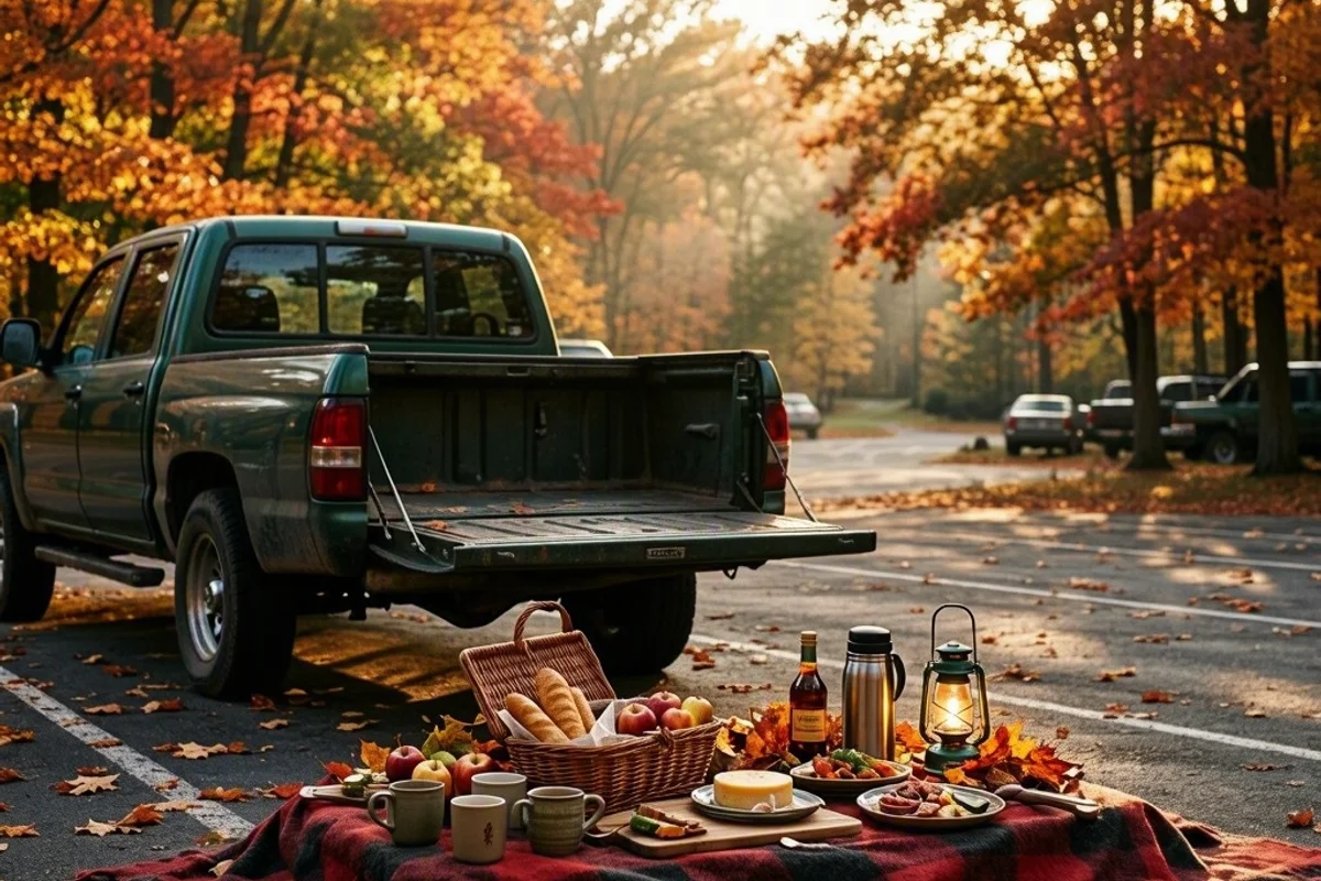 Family enjoying a trail-gating picnic in the parking lot.