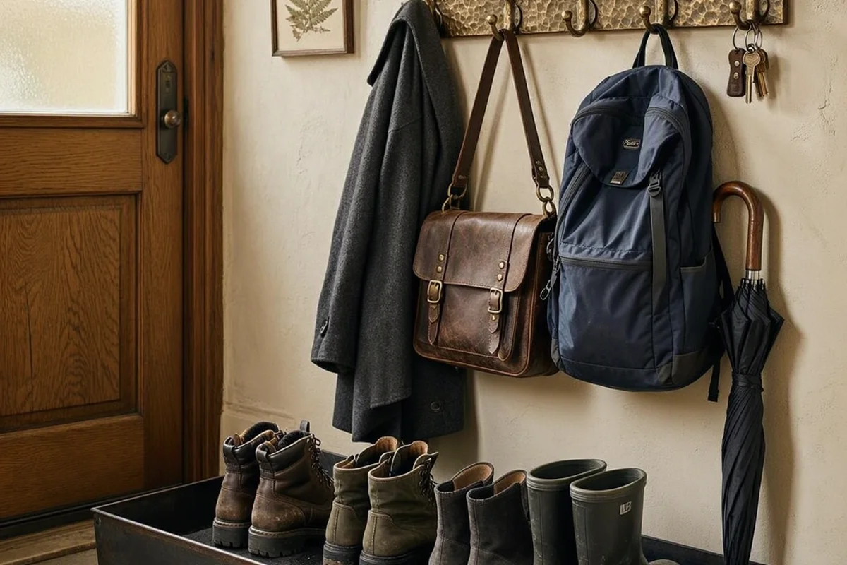 Boot tray and hooks staged beside the front door