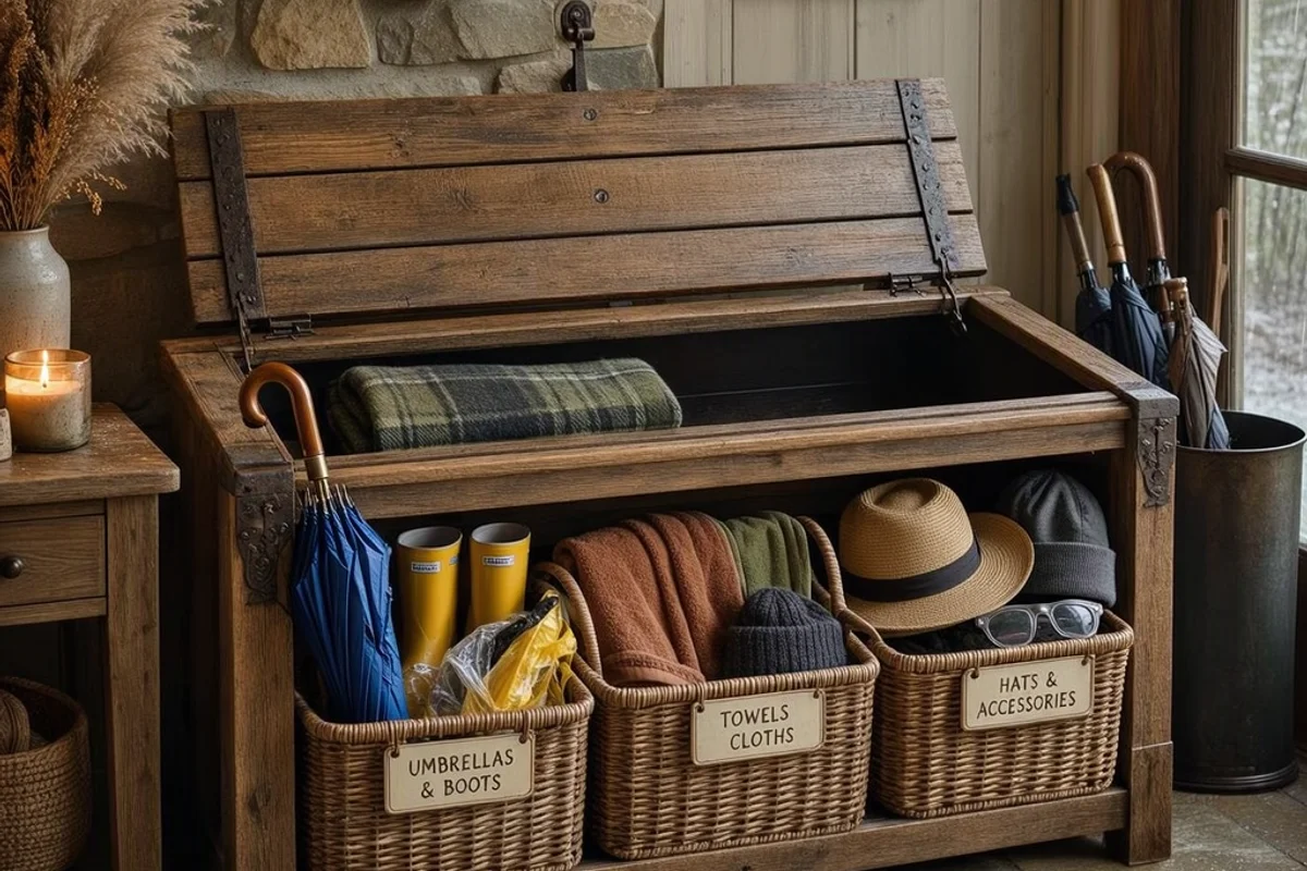 Storage bench with labeled baskets for rainy-season gear
