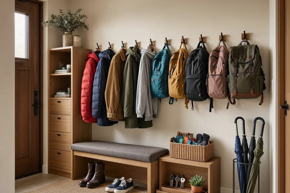 Backpack and jacket drop zone organized for a weekday reset