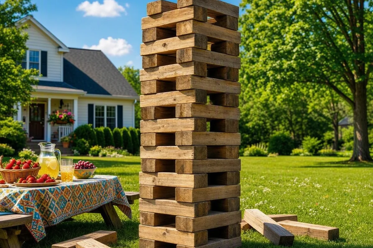 A family enjoying a game of giant Jenga on their lawn.