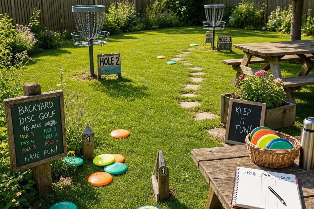 A family setting up a DIY frisbee golf course in their backyard.