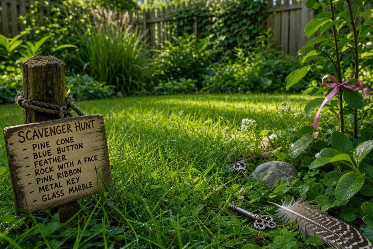 A backyard scavenger hunt with items hidden in the grass.